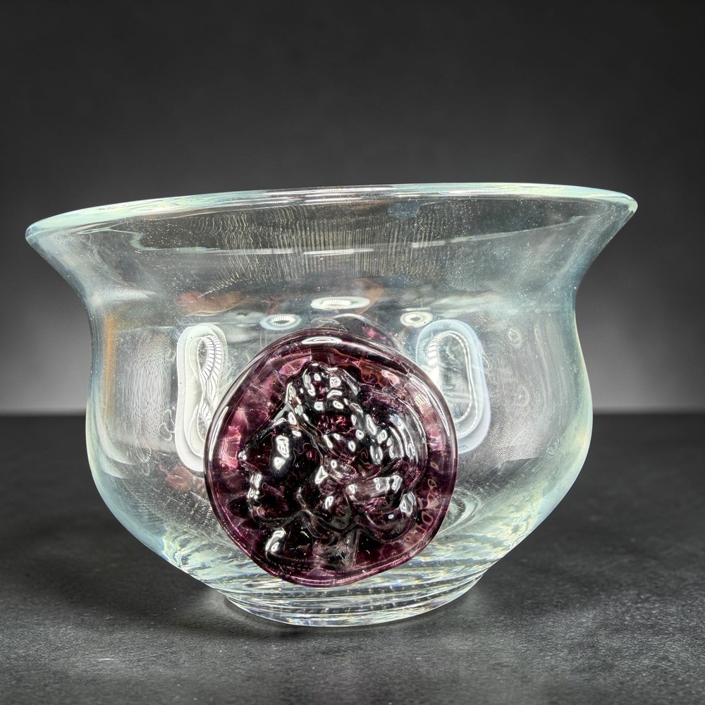 Hand Blown Clear Art Glass Bowl Amethyst Purple Applied Medallions Pontil VTG